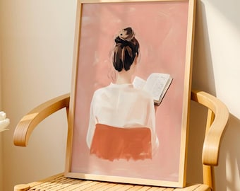 Cozy Reading Wall Art, Woman with Book Painting, Neutral Aesthetic Print, Digital Download, Literary Home Decor, Book Lover Gift