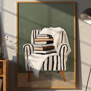 Arte de pared para un rincón de lectura acogedor, impresión de una pila de libros sobre una silla, decoración de estética neutra, descarga digital para amantes de los libros, obra literaria minimalista