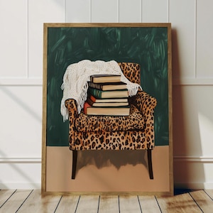 Book Stack Chair Wall Art, Leopard Chair Print, Cozy Reading Nook Decor