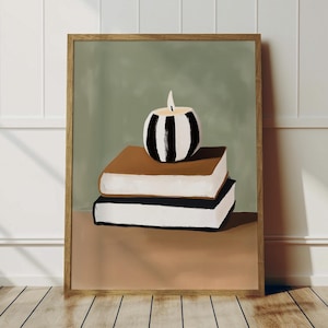 Decoración de pared para un acogedor rincón de lectura, lámina con velas apiladas en libros, decoración para amantes de los libros, regalo para lectores.