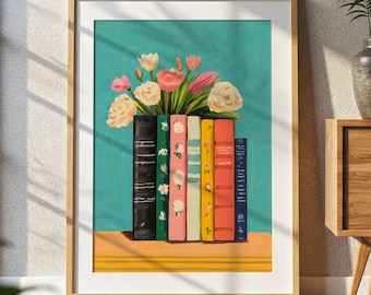 Book Stack Wall Decor Printable | Floral Bookshelf Art | Book Lover Digital Download | Cozy Reading Nook Print | Home Library Wall Art