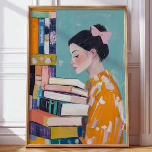 Book Lover Wall Art | Girl Holding Books Printable | Digital Download Art Print | Library Decor | Study Room Printable | Book Stack Poster