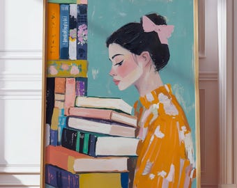 Afdrukken meisje leest boek: vintage bibliotheekmuurkunst (digitale download)