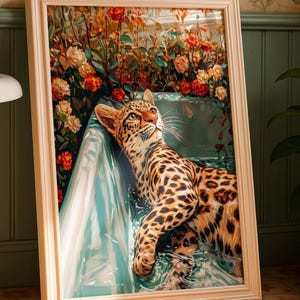 Leopard in Bathtub Wall Art | Floral Jungle Cat Printable | Exotic Animal Bathroom Decor | Digital Download | Colorful Tropical Print
