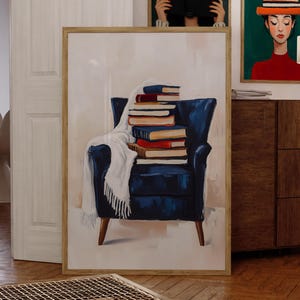 Cozy Reading Chair Wall Art – Stack of Books Printable, Book Nook Decor, Book Lover Gift, Library Print, Digital Download for Home