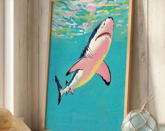 Haifisch-Kunstdruck, bunte Ozeanwandkunst, Pastellküstendekor, Strandhaus-Wandkunst, bunter Hai