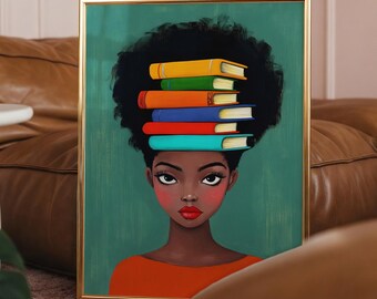 Arte de mujer negra leyendo, lámina para pared de niña leyendo, arte digital afroamericano, regalo para amantes de los libros, DESCARGA INSTANTÁNEA, decoración de pared con temática de melanina