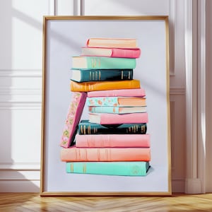 Stacked Books Wall Art Printable, Book Lover Digital Download, Colorful Pastel Library Decor for Office, Reading Nook or Girl’s Room