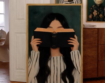 Modern meisje lezen kunst aan de muur afdrukbare, boekenliefhebber digitale download poster, gezellig minimalistisch decor voor thuiskantoor, studeerkamer of slaapkamer