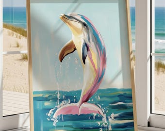 Bunter Delphin, Küstenozeandruck, Delfinmalerei, Strandhausdekor, lebhafte Meereskunst, Delphin-Liebhaber-Geschenk