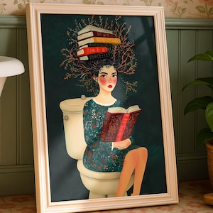 Funny Bathroom Wall Art | Girl Reading on Toilet | Quirky Book Decor | Surreal Digital Download | Whimsical Toilet Art | Bookish Gift