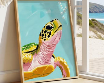 Bunte Meeresschildkröte Kunstdruck, Tropisches Ozean Tier Wanddekoration, Küsten Kinderzimmer Poster, Rosa Blaue Meerestiere Malerei, Strandhaus Kunstwerk