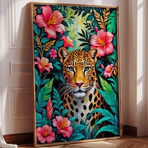 May include: A colorful painting of a leopard with blue eyes, surrounded by lush green leaves and pink flowers. The leopard is looking directly at the viewer.