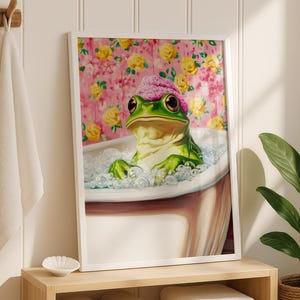 Funny Frog Bathroom Wall Art Printable | Frog In Bubble Bath Poster | Cute Animal Bathroom Decor | Floral Bathroom Art Digital Download