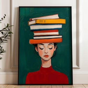 Väggkonst för bokälskare, utskrivbar läskonst, kvinna med böcker på huvudet, mysig biblioteksdekor, present till bokälskare, digital nedladdning
