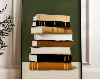 May include: A framed art print featuring a stack of books in various colors. The books have tan, black, white, and brown spines. The background is a solid dark green, and the frame is black. The books are stacked on a white surface.