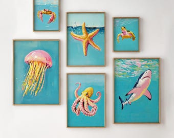 Küsten Wand-Kunst-Set von 6, Ozeantier-Galeriewand, bunte Meeresleben druckt, Strandhausdekor, Küstengalerie-Set