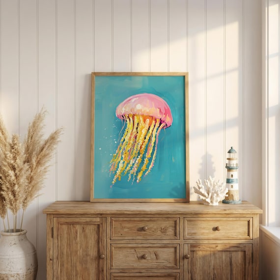 Jellyfish Wall Art Print, Colorful Ocean Art, Beach House Decor, Coastal Art, Kids Room Decor, Beach Print, Digital Download