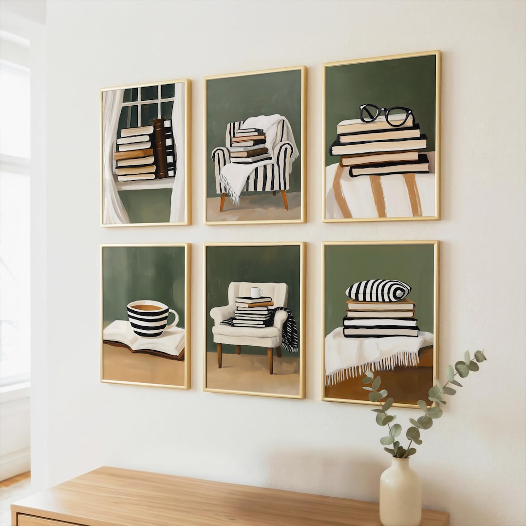 Set of 6 Book Lover Wall Art Prints, Cozy Reading Nook Decor, Digital ...