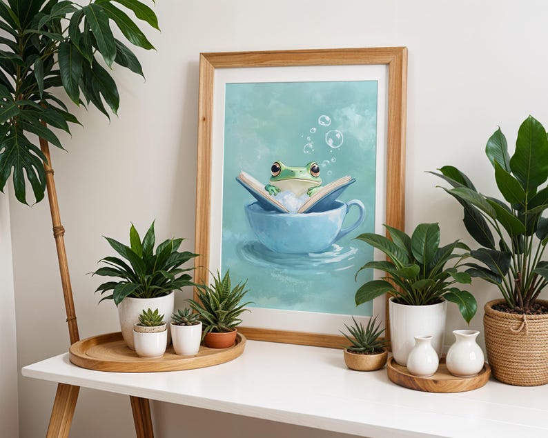 Frog in mug reading illustration for bathroom decor