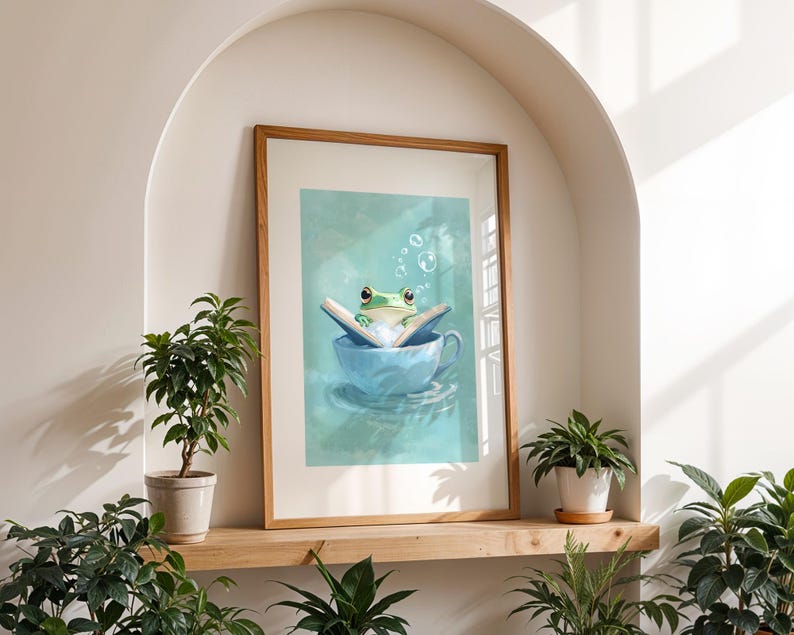Whimsical frog artwork in blue pastel tones