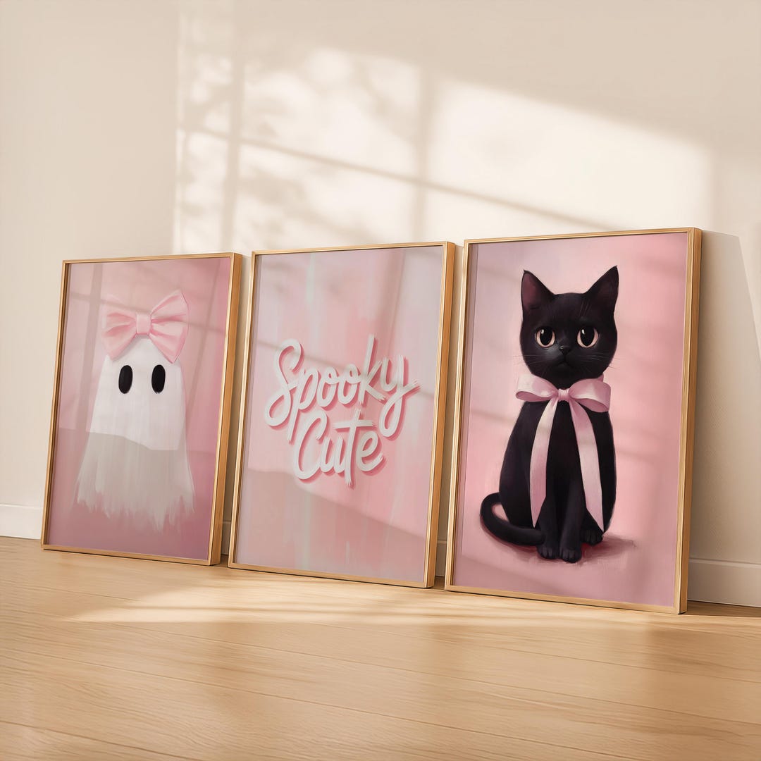 Pink Halloween Wall Art Set | Spooky Cute Digital Download | Ghost Cat ...