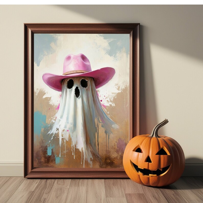 Cute Ghost With Pink Cowboy Hat Wall Art Halloween Digital Download