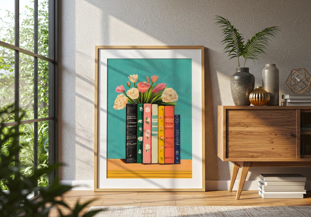 Book Stack Wall Decor Printable | Floral Bookshelf Art | Book Lover ...