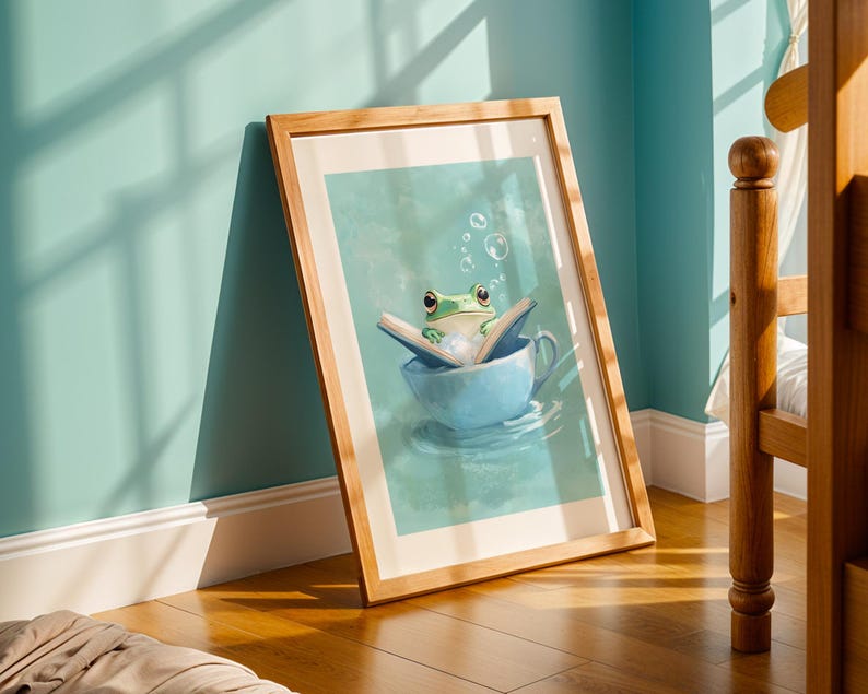 Funny frog in cup with book wall print