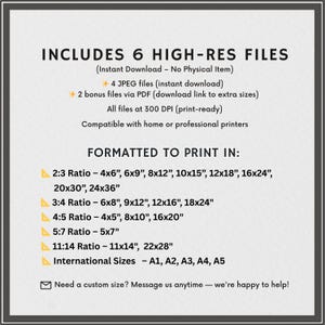 May include: A digital art print information sheet with text that reads "INCLUDES 6 HIGH-RES FILES" and details about file types, print sizes, and compatibility with printers. The text is in black on a cream background.