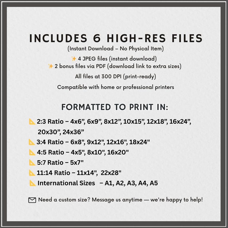 May include: A digital art print information sheet with text that reads "INCLUDES 6 HIGH-RES FILES" and details about file types, print sizes, and compatibility with printers. The text is in black on a cream background.