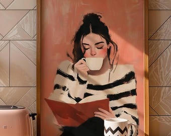 Cozy Woman Reading Wall Art Digital Download, Book Lover Aesthetic Print, Minimalist Coffee & Books Decor, Modern Relaxing Printable