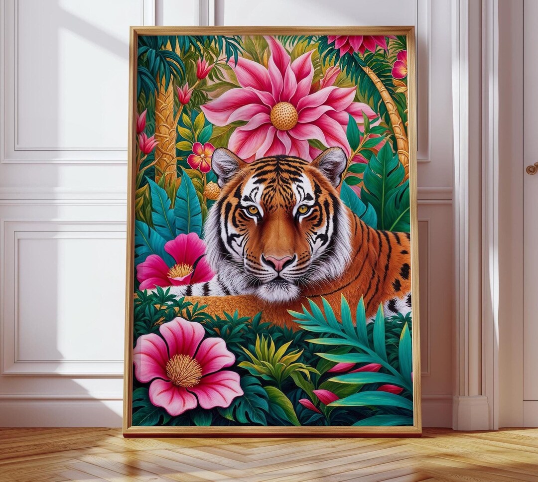 Jungle Tiger Wall Art Digital Download, Tropical Floral Decor, Bold ...