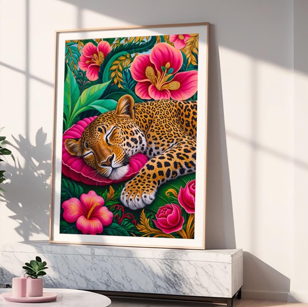 Maximalist Sleeping Leopard Digital Download Vibrant Tropical Jungle
