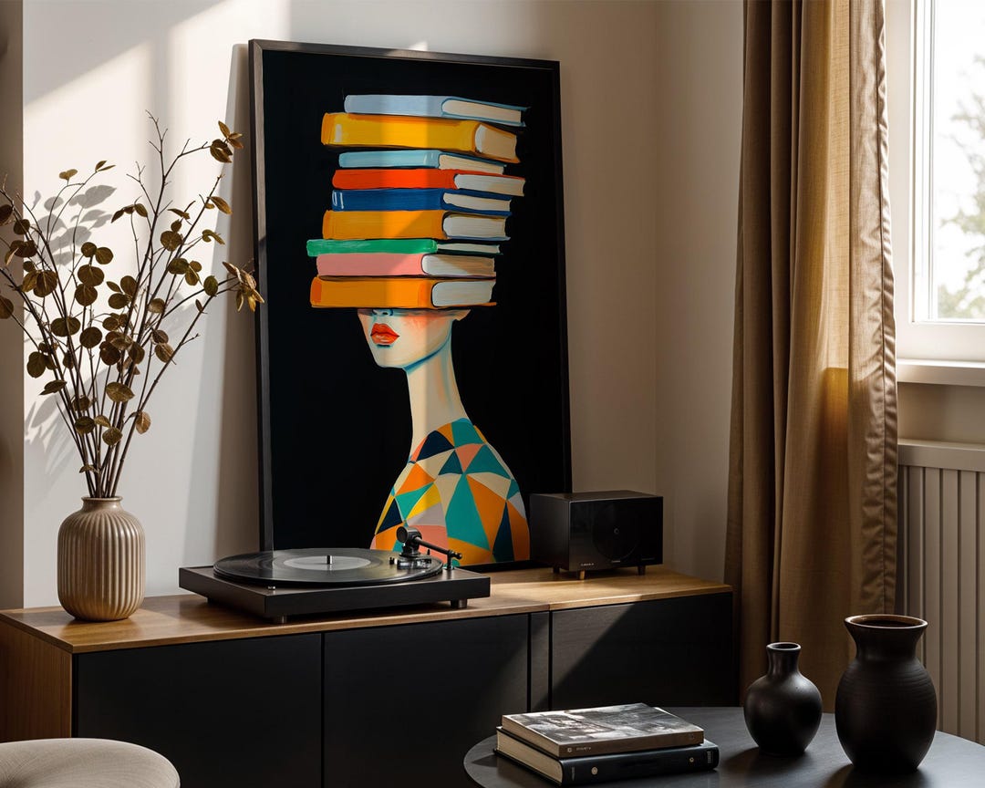 Abstract Woman Portrait Art Print: Colorful Books, Modern Wall Decor ...