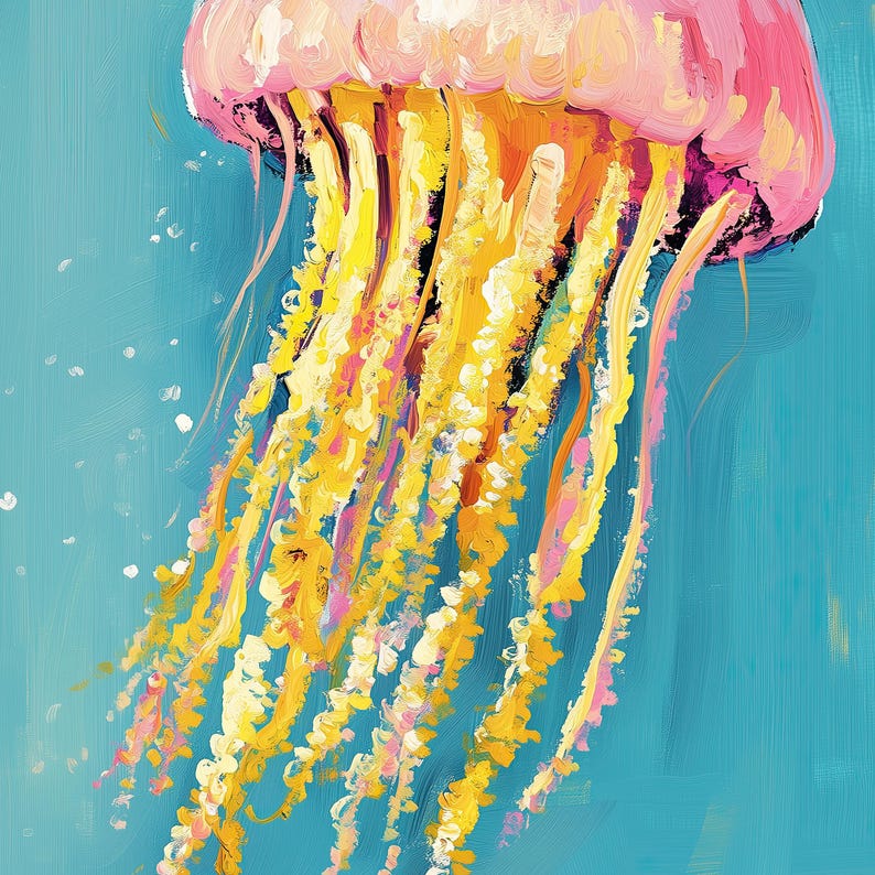 K&ouml;nnte beinhalten: Ein lebendiges Gem&auml;lde einer Qualle vor t&uuml;rkisfarbenem Hintergrund. Die Qualle hat eine rosa Glocke und lange, flie&szlig;ende Tentakel in Gelb-, Orange- und Rosat&ouml;nen. Wei&szlig;e Punkte sind um die Qualle verstreut, was auf Blasen im Wasser hindeutet.