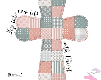 Croix en patchwork vintage PNG, sublimation de Pâques, il est ressuscité (téléchargement numérique)