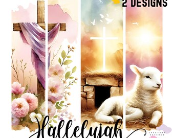 May include: Two digital designs featuring Easter themes. The first design shows a wooden cross with a purple cloth draped over it, surrounded by pink flowers. The second design shows a white lamb lying down in front of a stone tomb with a white cross above it. Both designs have a watercolor background with a soft, pastel color scheme. The text "Hallelujah" is written in a decorative font at the bottom of the image.