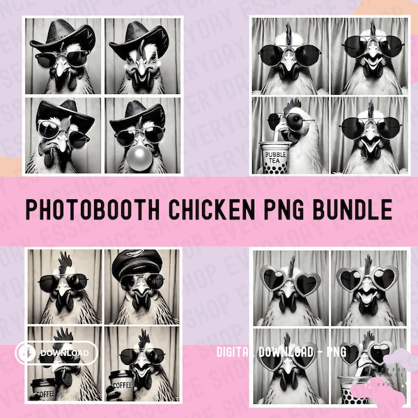 Bundle Vintage Western Funny Chicken Photobooth PNG, Trending Black and White Cool Animal With Sunglasses and Bubblegum, Humorous Shirt