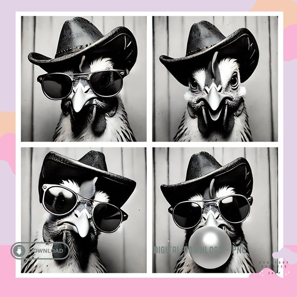 Vintage Western Funny Chicken Photobooth PNG, Trending Black and White Cool Animal With Sunglasses and Bubblegum Design, Humorous Shirt Art