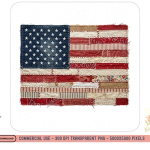 Op de afbeelding: Een handgemaakt ontwerp van de Amerikaanse vlag, bestaande uit rode, witte en blauwe stoffen. Het sterrenveld van de vlag is gemaakt van een denimachtig materiaal, de strepen uit verschillende patronen. De uitstraling is vintage en rustiek.