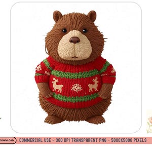 Latch Hook Yarn Faux Embroidery Beaver Christmas Design, Holiday Christmas Png, Holiday Sweater Faux Crochet Sublimation Png