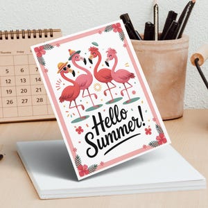 Bonjour l'été flamants roses PNG, téléchargement numérique tropical, carte d'invitation d'été, invitation à une fête, oeuvre d'art imprimable, conception amusante, décoration flamant rose