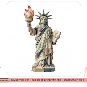 Könnte beinhalten: Detaillierte Illustration der Freiheitsstatue, die eine Fackel und eine Tafel mit der Inschrift "JULY IV MDCCLXXVI" hält. Die Statue hat ein Patchwork-Design in Blau-, Grün- und Rottönen auf weißem Hintergrund.