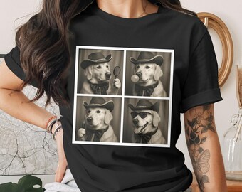 May include: Black t-shirt featuring a four-panel image of a Golden Retriever wearing a cowboy hat and bow tie. The dog is depicted with a magnifying glass, bubble gum, a pen, and sunglasses. The image is in black and white.