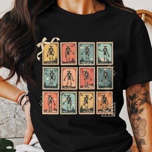 Skeleton Stamp PNG for Halloween Lovers, Vintage Skeleton Download, Gift for Stamp Collectors, Retro Skeleton Tee, Unique Halloween Shirt