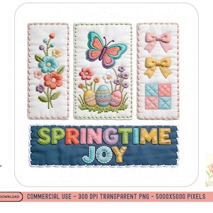 Puede incluir: Diseños bordados con temática primaveral sobre tela blanca. Incluye flores coloridas, una mariposa, huevos de Pascua, lazos y el texto "SPRINGTIME JOY". Los diseños están cosidos con varios colores y delineados con un hilo contrastante.