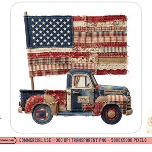 Könnte beinhalten: Ein patriotisches Patchwork-Design mit einem blauen Oldtimer-Truck mit roten und weißen Akzenten und einer Flagge mit Sternen und Streifen. Der Truck hat die Nummer "1776" auf der Tür. Die Flagge besteht aus verschiedenen Stoffmustern.