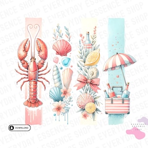 Lobster Sublimation PNG, Beach Theme Digital Download, Summer Clipart Design, Seashells and Lemon Graphics, Watercolor Illustration