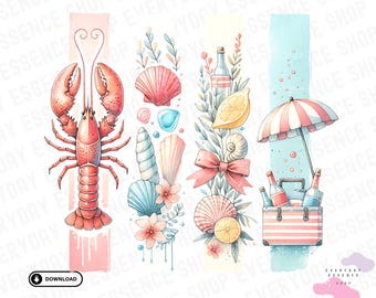 Lagosta Sublimada PNG, Download Digital de Tema de Praia, Design de Clipart de Verão, Conchas e Limão, Ilustração em Aquarela